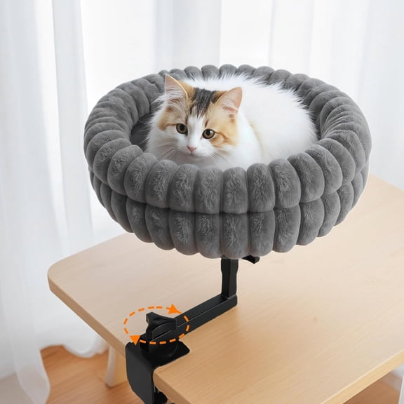 Cat Desk Bed, 360° Rotating and Adjustable Pet Bed, with Soft Mat, Stylish Indoor Cat Nest for Workstations and Game Tables, Grey