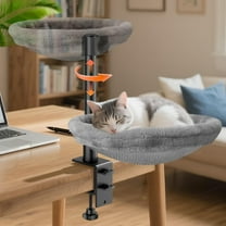 Cat Desk Bed, Cat Hammock for Home Office, 360°Rotating & Adjustable Shelf, Removable Comfortable Soft Pet Nest Bed, Modern Unique Kitten Furniture Attachment for Game Tables, Grey