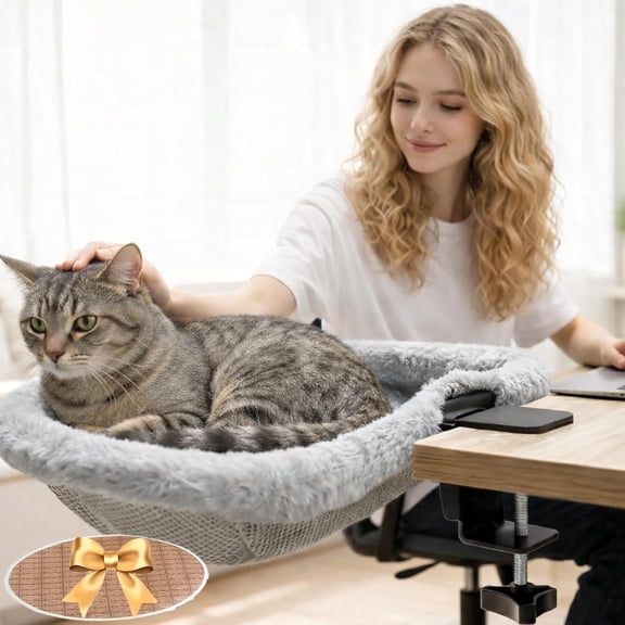 Cat Desk Bed with Clamp, Desk Cat Hammock Cat Desk Perch Attachment, Desk Mounted Cat Bed for Table Shelf Office, Space Saving Desk Clamp Cat Bed, Elevated Cat Bed Attached to Desk