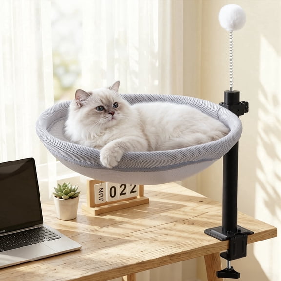 Cat Desk Bed with Interactive Hanging Ball, 360° Rotating & Height Adjustable Cat Hammock Perch, Cats Bed for Desk with Removable Washable Cover for Home Office Indoor Cats