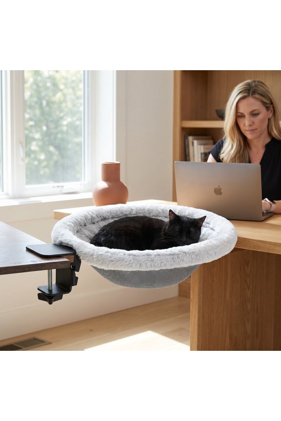 Cat Desk Bed - One-Click Folding,Sunken Design & Space-Saving Semi-Circular Cat Bed, Soft Faux Rabbit Fur Material, Suitable for Various Desktops-Maximum Hold Up to 40lb