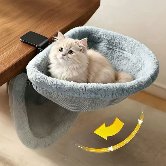 Cat Desk Bed - One-Click Folding, Sunken Design, Semi-Circular, Faux Rabbit Fur, Holds 40 lb