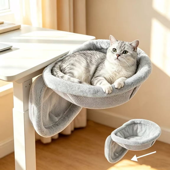 Cat Desk Bed - One-Click Foldable Cat Hammock with Steel Clamp and Soft Plush, Holds 40 lbs, for Desks
