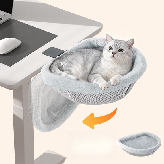 Cat Desk Bed - One-Click Foldable Cat Hammock with Steel Clamp and Soft Plush, Holds 40 lbs, for Desks