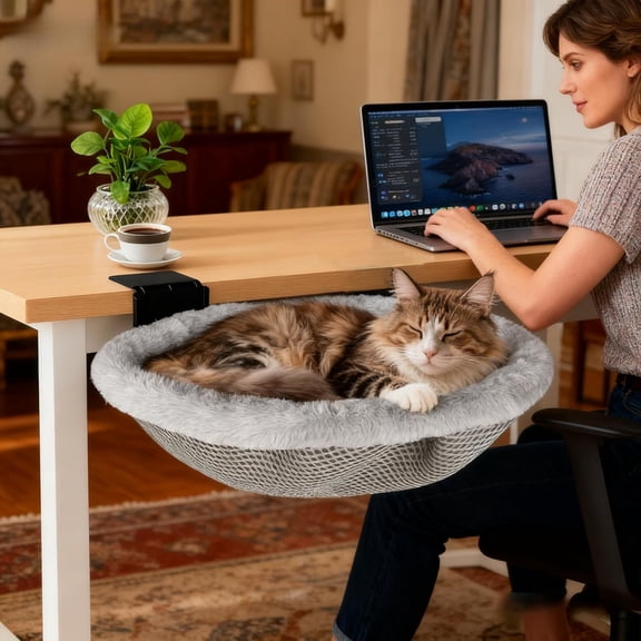 Cat Desk Bed with Heavy-Duty Clamp Mount 18"x18" Removable Machine-Washable Plush Cover Foldable Design