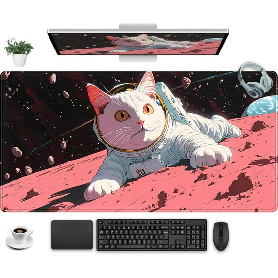 Cat Desk Mat Full Desk Mouse Pad Gaming Mat XXL, Fun Desktop Mats Computer Keyboard Pad Extra Large Mouse Mat, Laptop Mat with Stitched Edges, Office & Home Decor for Women 31.5" x 15.7"