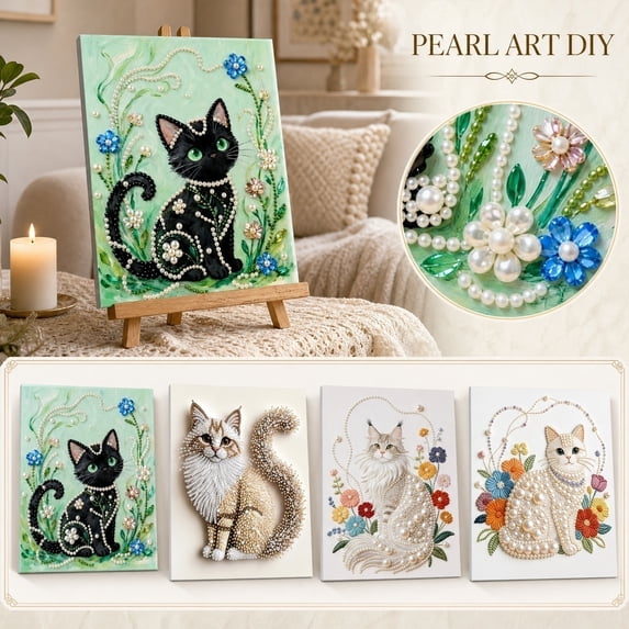 Cat Diamond Art Pearl Painting Kit, 15 X 11 Inch Framed Cat Wall Art for Home Decor, Diy Craft Set for Cat Lovers Home Hanging Decoration 1 Pack