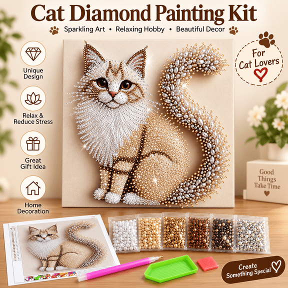 Cat Diamond Painting Kit for Adults, Special-Shaped Rhinestone Partial Drill Art, 11.8 x 11.8 in DIY Crystal Craft for Beginners, Cat Lover Gift and Home Wall Decor