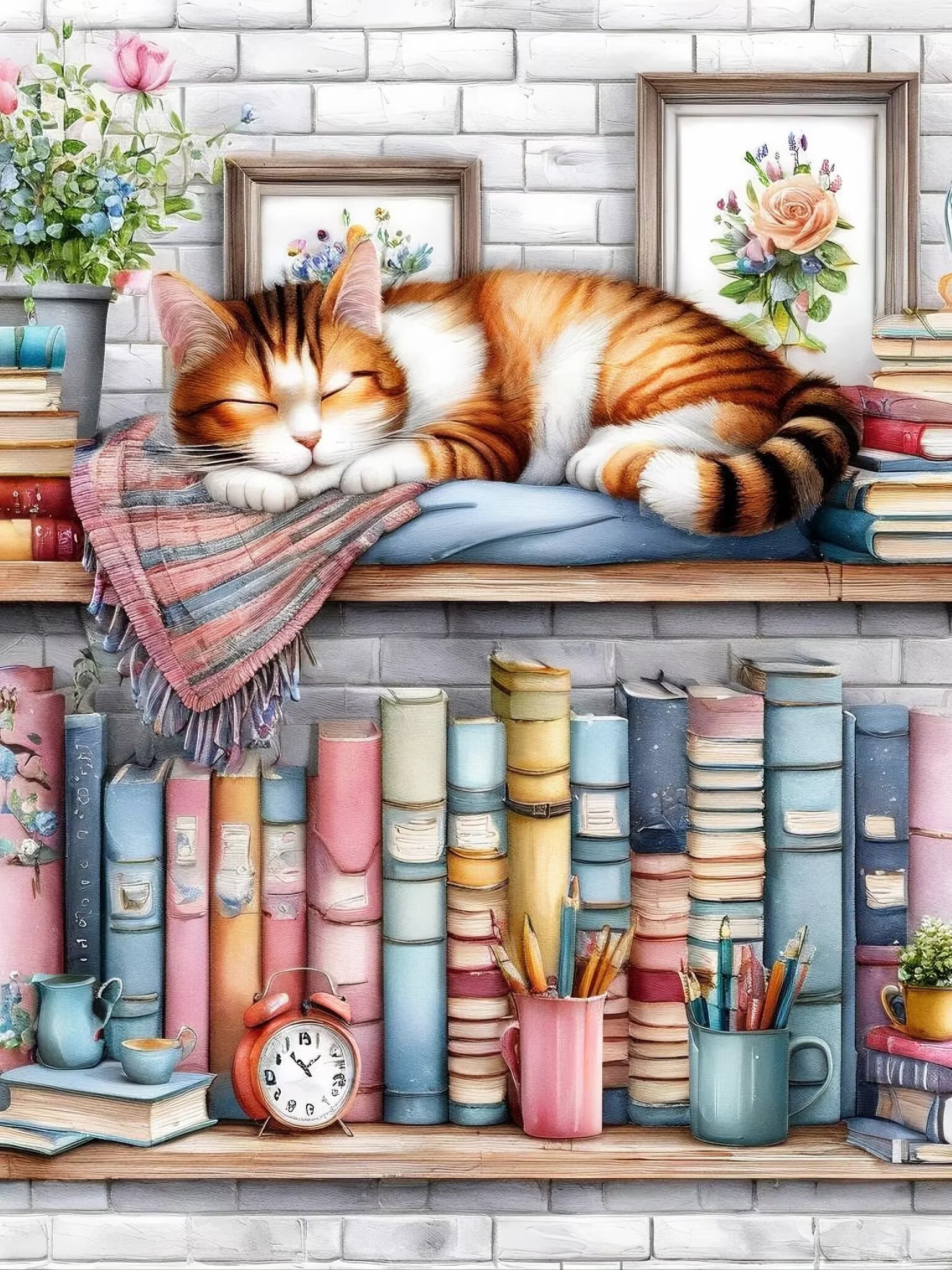 Kit Diamond Painting DPHERO Gatto E Fiori 5D – Tela Rotonda Full Drill 30x40 Cm, Per Adulti E Principianti, Fai Da Te Con Diamanti