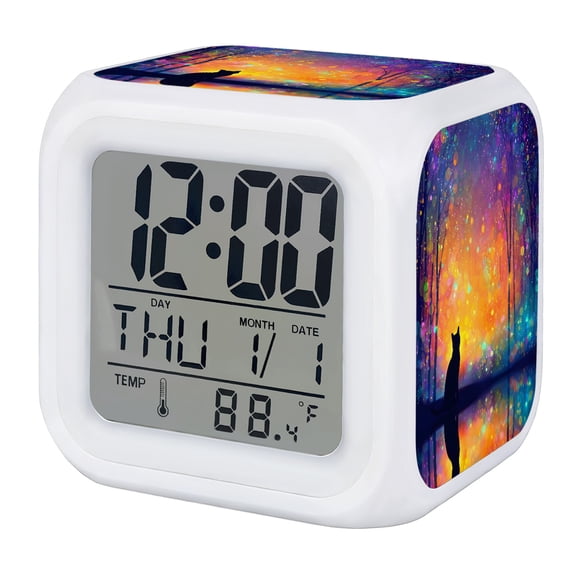 Cat Digital Alarm Clock for Bedrooms,Smart LED Alarm Clock with 7 Color Changing Night Light,Colorful Forest Contemporary Vibrant Sparkling Light Silent Wake Up Clocks for Sleep Study 3.2"x3.2"