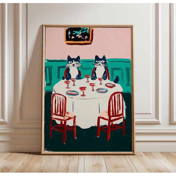 Cat Dinner Table Poster Whimsical Animal Illustration Print Colorful Dining Scene Wall Art