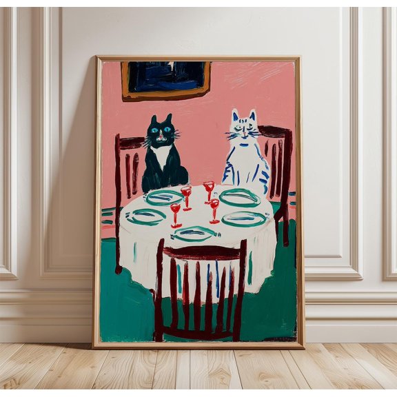 Cat Dinner Table Poster Whimsical Animal Illustration Print Colorful Dining Scene Wall Art