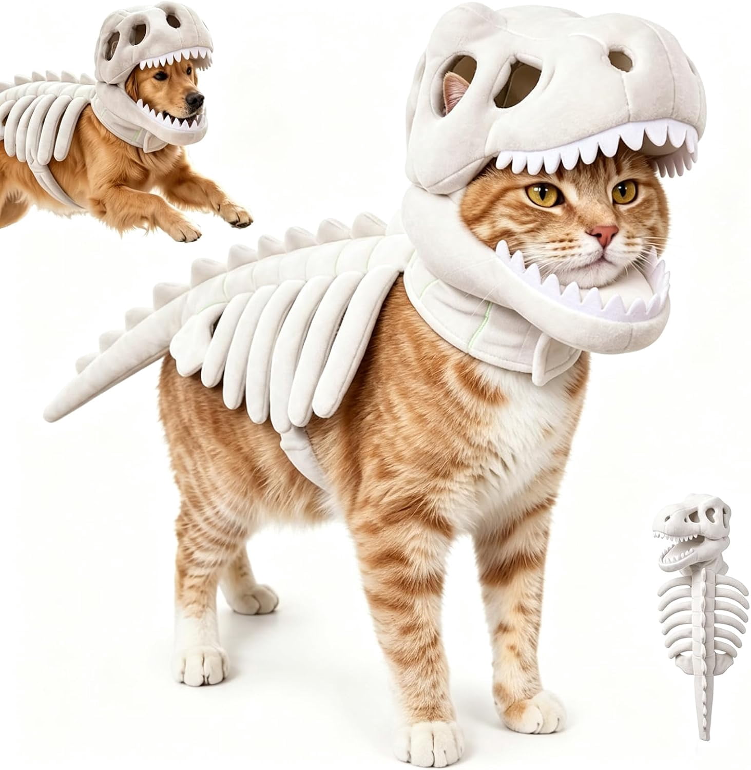 Cat Dinosaur Costume, Catsaur Costume, Dinosaur Costume for Dogs, Soft Plush T Rex Halloween Outfit, 3D Skeleton Design Glow in the Dark, Realistic Dinosaur Skeleton Costume for Pet