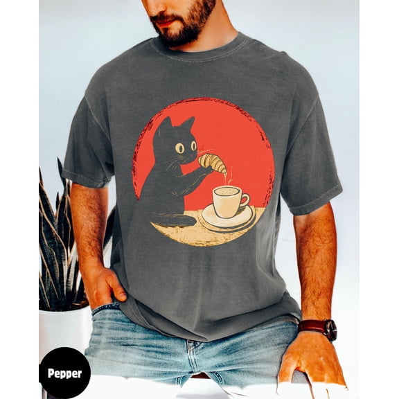 Cat Dipping Croissant in Coffee Shirt, Funny Cat Lover Tee, Cute Animal Graphic, Coffee Lover Gift, Black cat and coffee, Food cat, French