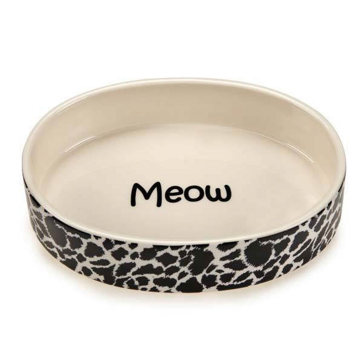 Cat Dish Ceramic Bowl Black White Animal Print "Meow" Design Oval 6" Holds 10 oz