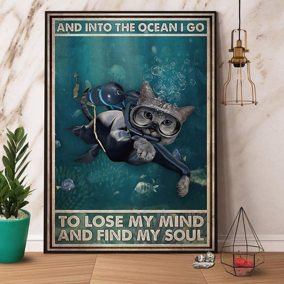 Cat Diving And Into The Ocean I Go To Lose My Mind Paper Poster No Frame Matte Wall Art Decor 16 x 24 Inch Poster
