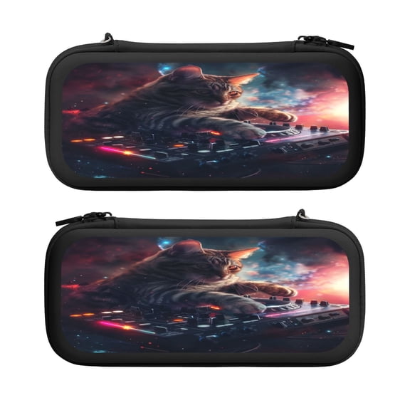 Cat Dj, Carrying Case For Nintendo Switch & OLED Version, Eva Lightweight Shockproof Protective Pouch Case for Game Console & Accessories with 10 Game Card Slot & Wristband, Black