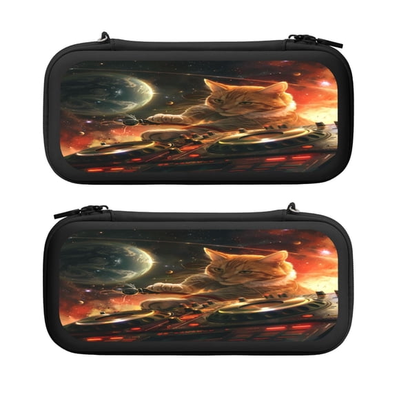 Cat Dj Space, Carrying Case For Nintendo Switch & OLED Version, Eva Lightweight Shockproof Protective Pouch Case for Game Console & Accessories with 10 Game Card Slot & Wristband, Black