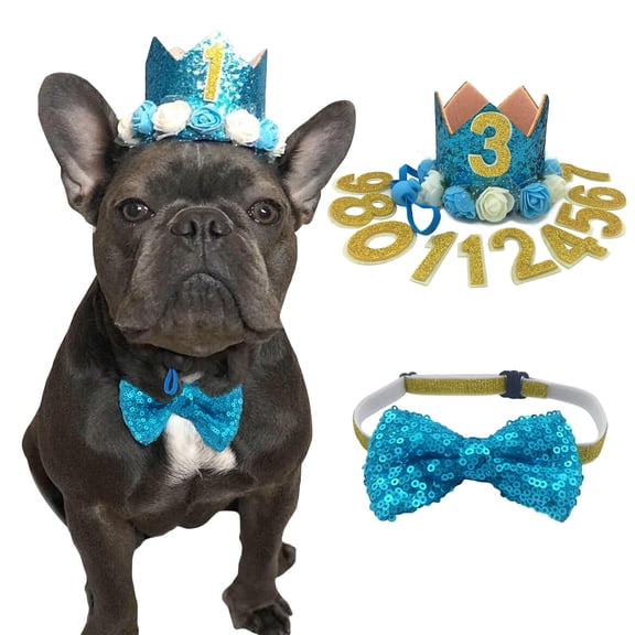 Cat Dog Birthday Crown Hat and Bow Tie Collar Set, Pet Birthday Party Accessories for Puppy Kitten, Adjustable Costume for Photo Shoot, Theme Party, Blue
