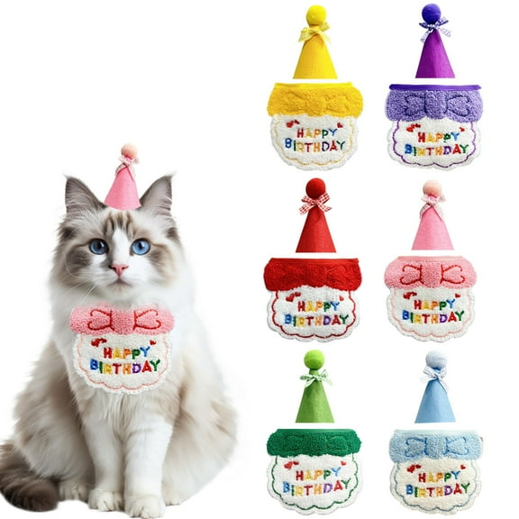 Cat/Dog Birthday Party Supplies, Cute Happy Birthday Scarf Hat Set Kitten Bandana Small Pet Decorations Outfits ,Green