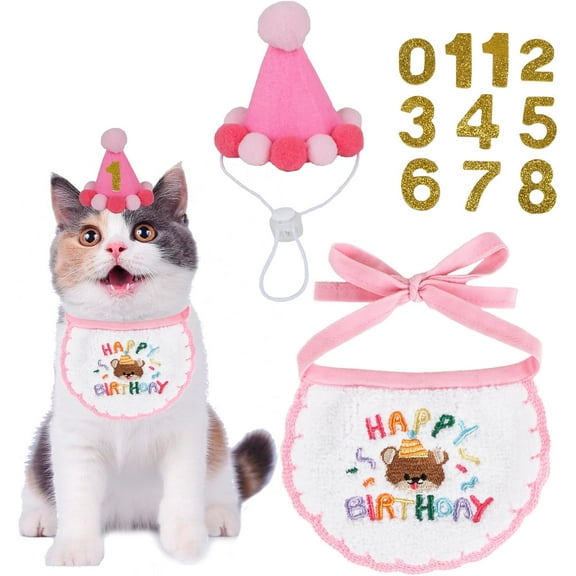 Cat Dog Birthday Party Supplies, Pink Hat with Numbers Puppy Cat Bandana Pet Decorations for Kitten Birthday Outfits