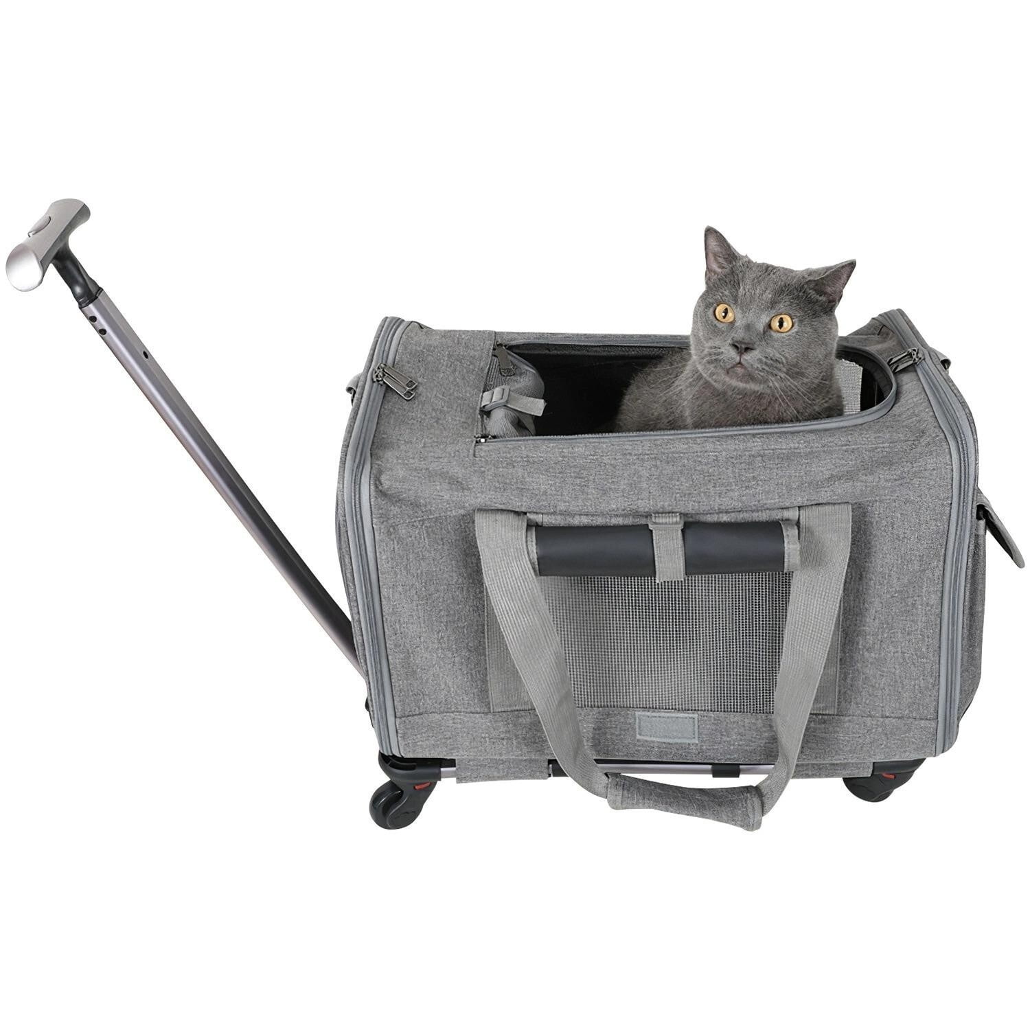 Small Gray Soft Sided Rolling Pet Carrier with Telescopic Handle
