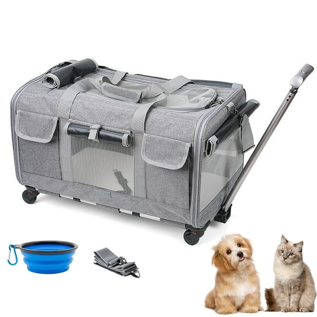 Cat Dog Carrier with Wheels，Rolling Pet Carrier with Telescopic Handle