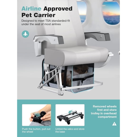 Cat Dog Carrier with Wheels Rolling Pet Carrier with Telescopic Handle, Shoulder Strap and Pet Bowl, Grey