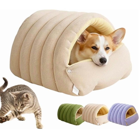 Cat Dog Cave Bed, 2026 New Winter Cave for Dog and Cat, Warm Plush Covered Cat House with Removable Cushion, Soft Sleeping Bed for Indoor Cats (Beige, Large)