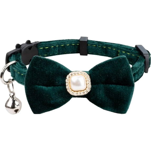 Cat Dog Collar with Bow Tie Faux Pearl Ornament Velvet Solid Color Bell Safety Kitten Puppy Pet Wedding Party Halloween Xmas Festive