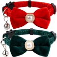 thumbnail image 1 of Cat Dog Collar with Bow Tie Faux Pearl Ornament Velvet Solid Color Bell Safety Kitten Puppy Pet Wedding Party Halloween Xmas Festive, 1 of 8