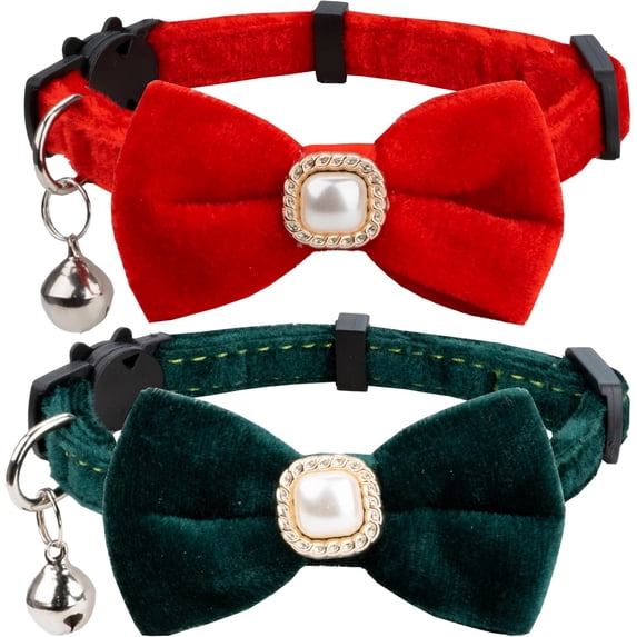 Cat Dog Collar with Bow Tie Faux Pearl Ornament Velvet Solid Color Bell Safety Kitten Puppy Pet Wedding Party Halloween Xmas Festive