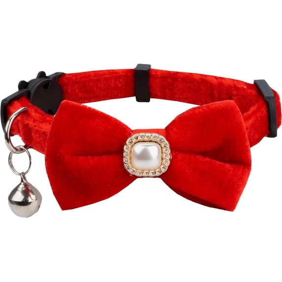 Cat Dog Collar with Bow Tie Faux Pearl Ornament Velvet Solid Color Bell Safety Kitten Puppy Pet Wedding Party Halloween Xmas Festive