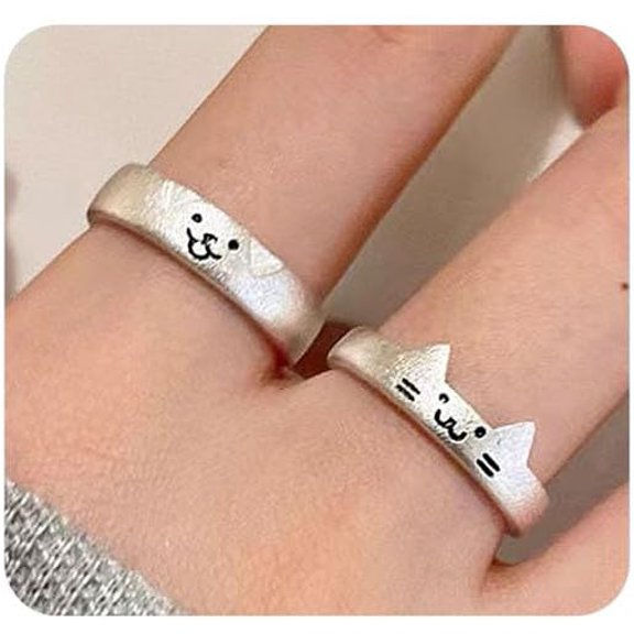 Cat Dog Couple Ring for Women Men Silver Animal Friendship Matching Ring Cute Puppy Kitten Statement Ring Minimalist Party Valentine's Day Jewelry Gift