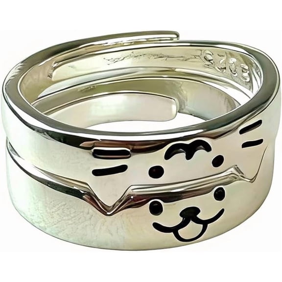 Cat Dog Couple Ring for Women Men Silver Animal Friendship Matching Ring Cute Puppy Kitten Statement Ring Minimalist Party Valentine's Day Jewelry Gift