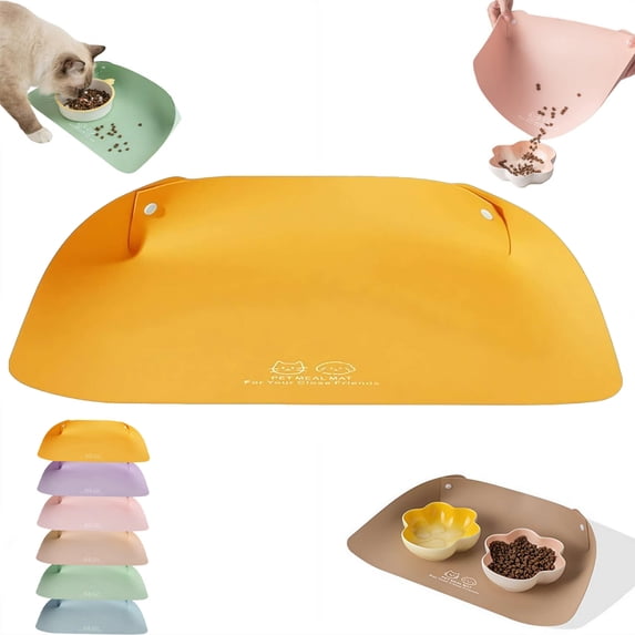 Cat Dog Food Mat with -Button,Waterproof Non Slip Leather Pet Placemat,Cat Bowl Mat,Spill-Proof Raised Edge Cats Feeding Mats for Bowls, Water Fountains,Easy Clean and Tidy