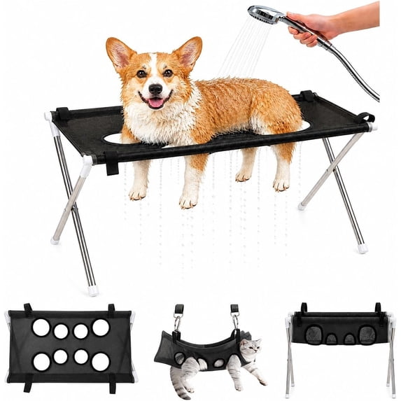 Cat Dog Grooming Hammock Stand, Foldable Pet Bath Holder Sling Shower Chair, Heavy-Duty Pet Bath Stool for Small & Medium Dogs, Home Salon Grooming, Washable Mesh, Joint Support & Restraint