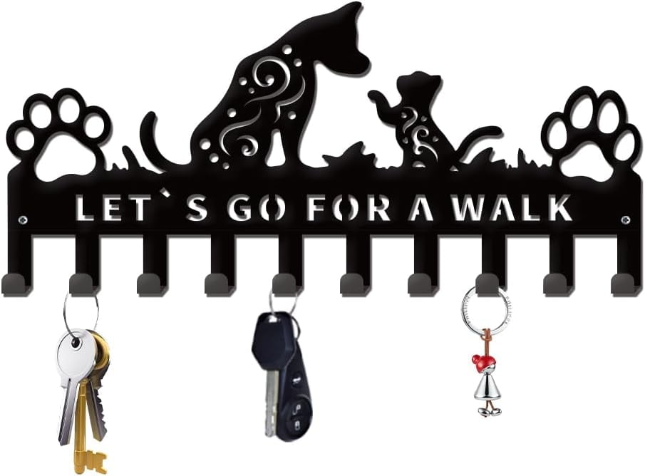 Cat and Dog Key Holder for Wall Dog Leash Holder with 10 Hooks Wall Mounted Black Iron Dog Stuff Storage Organizer and Key Holder for Front Door Kitchen Entryway Hallway Walmart