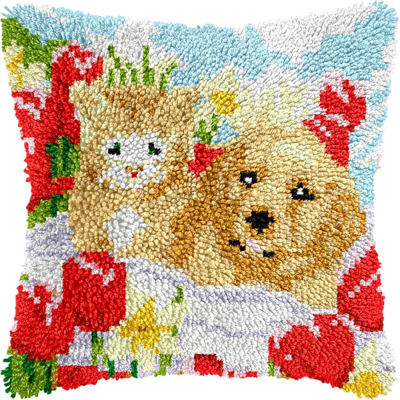 Cat & Dog Latch Hook Pillow Kits Cushion Pillowcase with Pattern Printed Canvas Sofa Hooking Pillows Crafts Embroidery Latch Hooking Crochet Kits 17x17 inch(65)