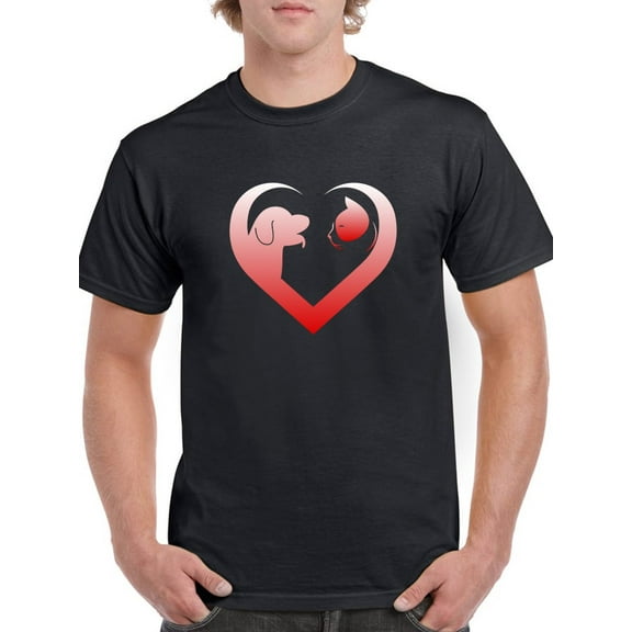 Cat Dog Love Heart Graphic Men Black T-Shirt, Male Small