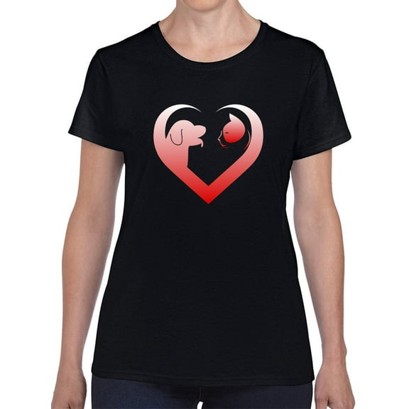 Cat Dog Love Heart Graphic Women Black T-Shirt, Female Medium