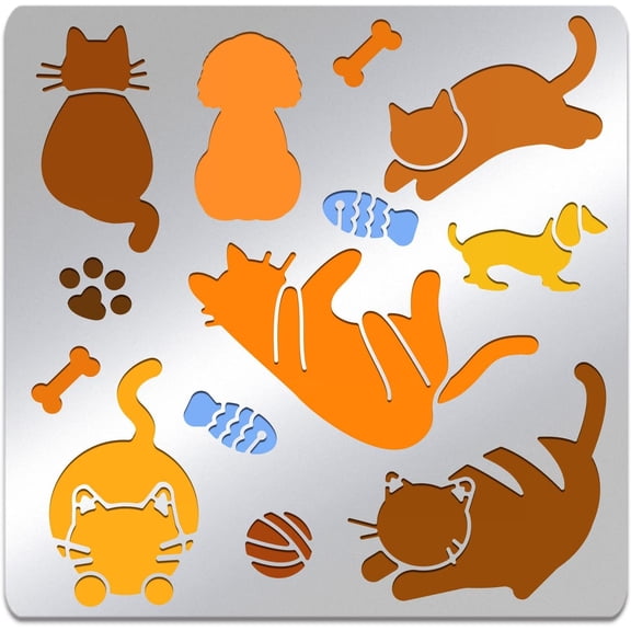 Cat Dog Metal Stencils Reusable Animal Silhouettes Stainless Steel Stencils for Crafts and Painting On Wood Floor Tile Wall Furniture 6x6 inch Colorful