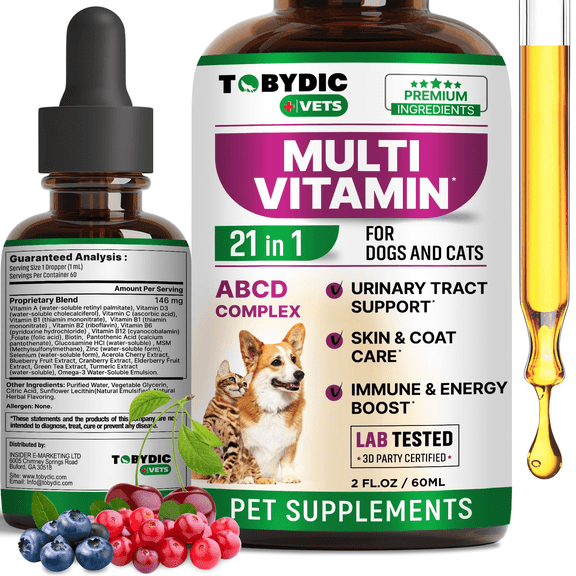 Cat & Dog Multivitamin - 21 n 1 Pet Supplement with Cranberry & Glucosamine - Support for Urinary Tract Health, Bladder, Kidney, Skin & Coat and Joints