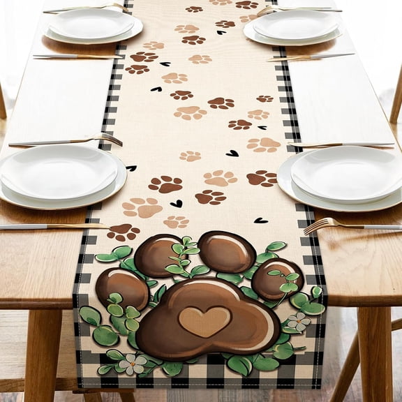 Cat Dog Paw Prints Table Runner, Buffalo Plaid Check Farmhouse Kitchen Dining Table Decoration Pet Lover Gifts, Eucalyptus Leaves Burlap Indoor Outdoor Home Decor Party Supply 13 x 36 Inches