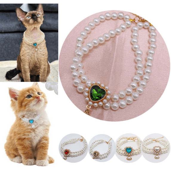 Cat Dog Pearl Collar, Pet Pearl Necklace Collars Adjustable Pet Jewelry Accessories Birthday Wedding Party Collar for Puppy Kitten Dress - Green,XS