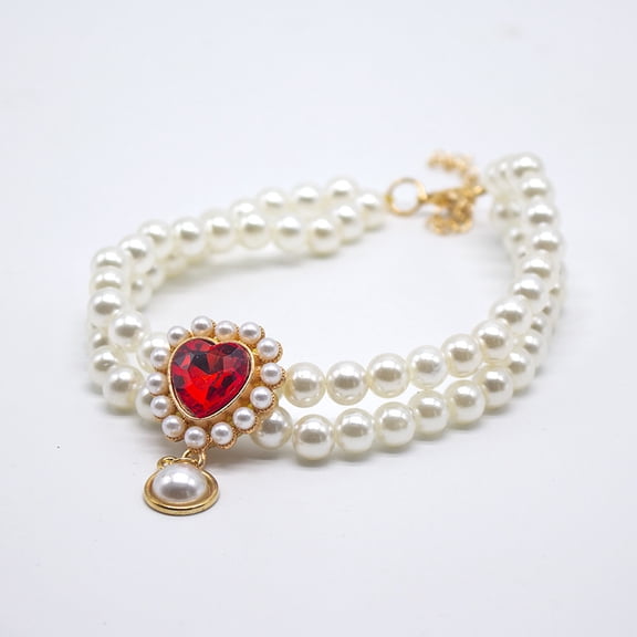 Cat And Dog Pet Collar Double Layer Imitation Pearl And Rhinestone Alloy Collar, Adjustable Length With Heart Shape Gemstone Decoration, For Small To Large Breed Cats And Dogs