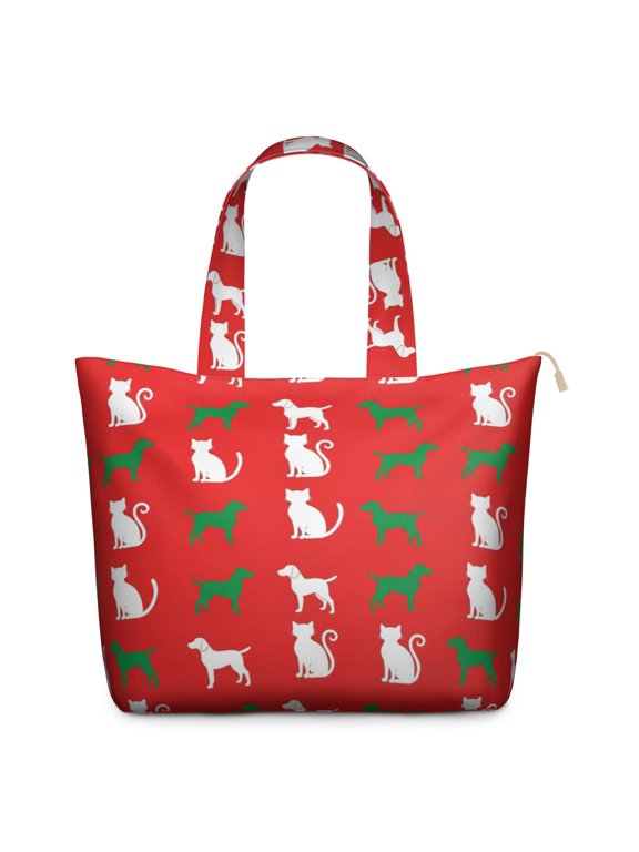 Cat and Dog Red Pattern Weekend Tote Bag, Daily Commuter Tote with Inner Zip Pocket, Full Length Zipper Gift Ideas for Holiday Birthday Gifts,22 X 12 X 18 Inches