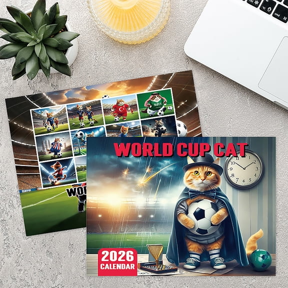 Cat & Dog Series, Creative Desk Calendar 2026 Daily & Monthly Planner For Study World Cup Cat Themed Desktop Calendar Featuring Soccer Ball Clock And Trophy Elements