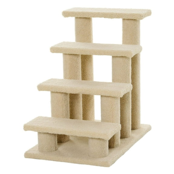 Cat Dog Stairs 4-Step Pet Steps for Senior Cats & Small Dogs, Carpeted Particle Board Ramp, Scratching Post, Beige
