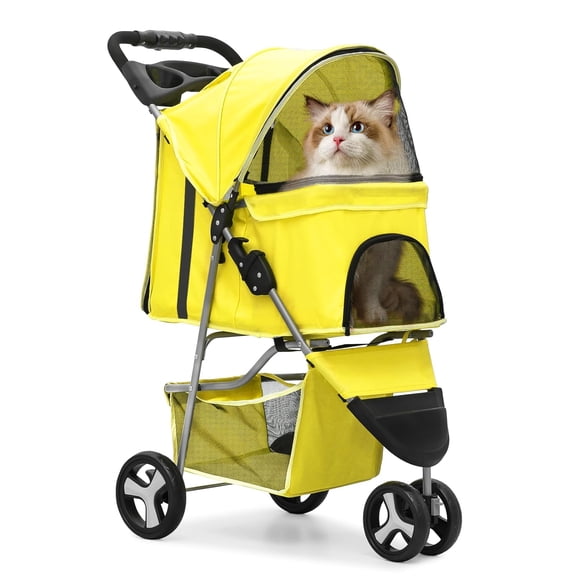 Cat & Dog Stroller, 3-Wheels Foldable Pet Stroller for Medium/Puppy Dogs & Cats, 30 Lbs, Yellow Mesh with Storage Basket & Cup Holder